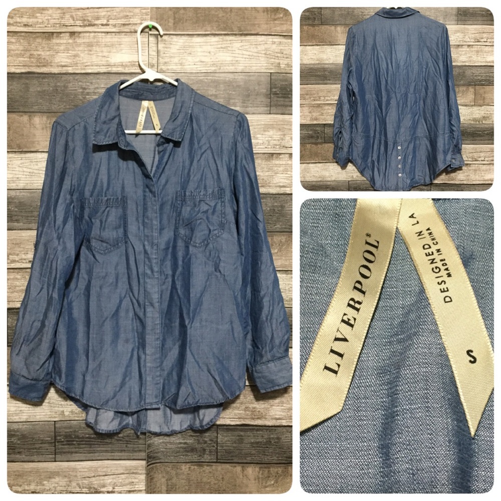 Liverpool Button Up Shirt Women’s S Blue Chambray Roll Sleeve Lyocell Casual